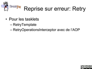 Reprise sur erreur: Retry
       • Pour les tasklets
              – RetryTemplate
              – RetryOperationsInterceptor avec de l’AOP




Copyright © BreizhJug
 