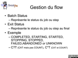 Gestion du flow
       • Batch Status
              – Représente le status du job ou step
       • Exit Status
              – Représente le status du job ou step au final
       • Exemple
              – COMPLETED, STARTING, STARTED,
                STOPPING, STOPPED,
                FAILED,ABANDONED or UNKNOWN
              – C?T (CAT mais pas COUNT), C*T (CAT et COUNT)

Copyright © BreizhJug
 