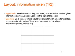 Layout: information given (1/2)
• Hypothesis: New information (key, unknown) is expected on the left, given
information (familiar, agreed upon) on the right of the screen
• Question: On a screen, where would you place familiar, taken-for-granted,
unproblematic information? (e.g., read message, my own login
information/picture, friends list)
10
 