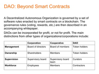 Conclusion
• Blockchain-based technologies can provide an innovation
opportunity of current business models, and can create new ones. In
this regard they can help create a blue ocean (uncontested market).
• The DAO is an example of a novel entity that could help lower
transaction and information costs, increase member (or token
holder) rewards, and improve the quality of the decision-making
process by integrating the wisdom of the crowds.
• As these technologies are quite young, they need to be thoroughly
tested to find both the most suitable use-cases, and potential
vulnerabilities (security, privacy issues).
• On the whole, blockchain-based technologies have a promising
potential, when applied to solve real user needs (e.g. financial
inclusion), and when presenting such solutions in a useful, usable,
and appealing way.
 