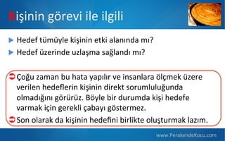 Kişinin  görevi  ile  ilgili
u  Hedef  tümüyle  kişinin  etki  alanında  mı?
u  Hedef  üzerinde  uzlaşma  sağlandı  mı?


Ü Çoğu  zaman  bu  hata  yapılır  ve  insanlara  ölçmek  üzere  
verilen  hedeﬂerin  kişinin  direkt  sorumluluğunda  
olmadığını  görürüz.  Böyle  bir  durumda  kişi  hedefe  
varmak  için  gerekli  çabayı  göstermez.
Ü Son  olarak  da  kişinin  hedeﬁni  birlikte  oluşturmak  lazım.
www.PerakendeKocu.com

 