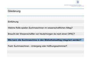 Gliederung



Einführung

Welche Rolle spielen Suchmaschinen im wissenschaftlichen Alltag?

Braucht der Wissenschaftler von heute/morgen da noch einen OPAC?

Wie kann die Suchmaschine in den Bibliotheksalltag integriert werden?

Fazit: Suchmaschinen - Untergang oder Hoffnungsschimmer?
 