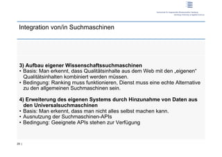 Integration von/in Suchmaschinen




 3) Aufbau eigener Wissenschaftssuchmaschinen
 •  Basis: Man erkennt, dass Qualitätsinhalte aus dem Web mit den „eigenen“
    Qualitätsinhalten kombiniert werden müssen.
 •  Bedingung: Ranking muss funktionieren, Dienst muss eine echte Alternative
    zu den allgemeinen Suchmaschinen sein.

 4) Erweiterung des eigenen Systems durch Hinzunahme von Daten aus
    den Universalsuchmaschinen
 •  Basis: Man erkennt, dass man nicht alles selbst machen kann.
 •  Ausnutzung der Suchmaschinen-APIs
 •  Bedingung: Geeignete APIs stehen zur Verfügung


29 |
 
