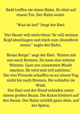 Bald treffen sie einen Hahn. Er sitzt auf
einem Tor. Der Hahn weint.
"Was ist los?" fragt der Esel.
"Der Bauer will mich töten! Er will meinen
Kopf abschlagen und mich zum Abendbrot
essen!" sagte der Hahn.
"Keine Sorge!" sagt der Esel. "Komm mit
uns nach Bremen. Du hast eine schöne
Stimme. Lass uns zusammen Musik
machen. Es wird sich toll anhören."
Die vier Freunde schaffen es an einem Tag
nicht bis nach Bremen. Sie schlafen im
Wald.
Der Esel und der Hund schlafen unter
einem großen Baum. Die Katze klettert auf
den Baum. Der Hahn schläft ganz oben, auf
der Spitze.
 