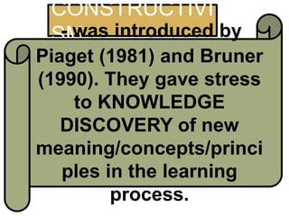 CONSTRUCTIVI
SM- was introduced by
Piaget (1981) and Bruner
(1990). They gave stress
to KNOWLEDGE
DISCOVERY of new
meaning/concepts/princi
ples in the learning
process.
 