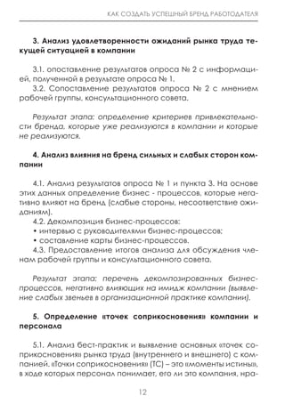 КАК СОЗДАТЬ УСПЕШНЫЙ БРЕНД РАБОТОДАТЕЛЯ



   3. Анализ удовлетворенности ожиданий рынка труда те-
кущей ситуацией в компании

    3.1. опоставление результатов опроса № 2 с информаци-
ей, полученной в результате опроса № 1.
    3.2. Сопоставление результатов опроса № 2 с мнением
рабочей группы, консультационного совета.

   Результат этапа: определение критериев привлекательно-
сти бренда, которые уже реализуются в компании и которые
не реализуются.

   4. Анализ влияния на бренд сильных и слабых сторон ком-
пании

   4.1. Анализ результатов опроса № 1 и пункта 3. На основе
этих данных определение бизнес - процессов, которые нега-
тивно влияют на бренд (слабые стороны, несоответствие ожи-
даниям).
   4.2. Декомпозиция бизнес-процессов:
   • интервью с руководителями бизнес-процессов;
   • составление карты бизнес-процессов.
   4.3. Предоставление итогов анализа для обсуждения чле-
нам рабочей группы и консультационного совета.

   Результат этапа: перечень декомпозированных бизнес-
процессов, негативно влияющих на имидж компании (выявле-
ние слабых звеньев в организационной практике компании).

   5. Определение «точек соприкосновения» компании и
персонала

    5.1. Анализ бест-практик и выявление основных «точек со-
прикосновения» рынка труда (внутреннего и внешнего) с ком-
панией. «Точки соприкосновения» (ТС) – это «моменты истины»,
в ходе которых персонал понимает, его ли это компания, нра-

                              12
 