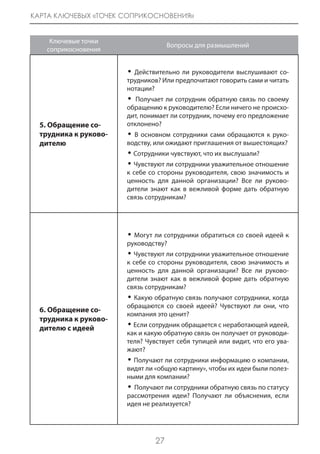 КАРТА КЛЮЧЕВЫХ «ТОЧЕК СОПРИКОСНОВЕНИЯ»


    Ключевые точки
                                     Вопросы для размышлений
   соприкосновения


                       • Действительно ли руководители выслушивают со-
                       трудников? Или предпочитают говорить сами и читать
                       нотации?
                       • Получает ли сотрудник обратную связь по своему
                       обращению к руководителю? Если ничего не происхо-
                       дит, понимает ли сотрудник, почему его предложение
  5. Обращение со-     отклонено?
  трудника к руково-   • В основном сотрудники сами обращаются к руко-
  дителю               водству, или ожидают приглашения от вышестоящих?
                       • Сотрудники чувствуют, что их выслушали?
                       • Чувствуют ли сотрудники уважительное отношение
                       к себе со стороны руководителя, свою значимость и
                       ценность для данной организации? Все ли руково-
                       дители знают как в вежливой форме дать обратную
                       связь сотрудникам?




                       • Могут ли сотрудники обратиться со своей идеей к
                       руководству?
                       • Чувствуют ли сотрудники уважительное отношение
                       к себе со стороны руководителя, свою значимость и
                       ценность для данной организации? Все ли руково-
                       дители знают как в вежливой форме дать обратную
                       связь сотрудникам?
                       • Какую обратную связь получают сотрудники, когда
                       обращаются со своей идеей? Чувствуют ли они, что
  6. Обращение со-
                       компания это ценит?
  трудника к руково-
  дителю с идеей       • Если сотрудник обращается с неработающей идеей,
                       как и какую обратную связь он получает от руководи-
                       теля? Чувствует себя тупицей или видит, что его ува-
                       жают?
                       • Получают ли сотрудники информацию о компании,
                       видят ли «общую картину», чтобы их идеи были полез-
                       ными для компании?
                       • Получают ли сотрудники обратную связь по статусу
                       рассмотрения идеи? Получают ли объяснения, если
                       идея не реализуется?




                                27
 
