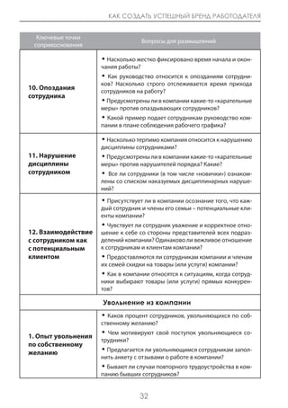КАК СОЗДАТЬ УСПЕШНЫЙ БРЕНД РАБОТОДАТЕЛЯ


  Ключевые точки
                                   Вопросы для размышлений
 соприкосновения

                     • Насколько жестко фиксировано время начала и окон-
                     чания работы?
                     • Как руководство относится к опозданиям сотрудни-
                     ков? Насколько строго отслеживается время прихода
10. Опоздания        сотрудников на работу?
сотрудника
                     • Предусмотрены ли в компании какие-то «карательные
                     меры» против опаздывающих сотрудников?
                     • Какой пример подает сотрудникам руководство ком-
                     пании в плане соблюдения рабочего графика?

                     • Насколько терпимо компания относится к нарушению
                     дисциплины сотрудниками?
11. Нарушение        • Предусмотрены ли в компании какие-то «карательные
дисциплины           меры» против нарушителей порядка? Какие?
сотрудником          • Все ли сотрудники (в том числе «новички») ознаком-
                     лены со списком наказуемых дисциплинарных наруше-
                     ний?
                     • Присутствует ли в компании осознание того, что каж-
                     дый сотрудник и члены его семьи – потенциальные кли-
                     енты компании?
                     • Чувствует ли сотрудник уважение и корректное отно-
12. Взаимодействие   шение к себе со стороны представителей всех подраз-
с сотрудником как    делений компании? Одинаково ли вежливое отношение
с потенциальным      к сотрудникам и клиентам компании?
клиентом             • Предоставляются ли сотрудникам компании и членам
                     их семей скидки на товары (или услуги) компании?
                     • Как в компании относятся к ситуациям, когда сотруд-
                     ники выбирают товары (или услуги) прямых конкурен-
                     тов?

                     Увольнение из компании
                     • Каков процент сотрудников, увольняющихся по соб-
                     ственному желанию?

1. Опыт увольнения
                     • Чем мотивируют свой поступок увольняющиеся со-
                     трудники?
по собственному
желанию              • Предлагается ли увольняющимся сотрудникам запол-
                     нить анкету с отзывами о работе в компании?
                     • Бывают ли случаи повторного трудоустройства в ком-
                     панию бывших сотрудников?


                                  32
 