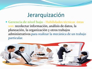 Jerarquización
 Gerencia de nivel bajo - Habilidades técnicas éstas
son: recolectar información, análisis de datos, la
planeación, la organización y otros trabajos
administrativos para realizar la mecánica de un trabajo
particular.
 