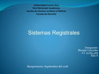 Barquisimeto, Septiembre del 2018
Integrante:
Brenda Gonzales
CI: 25.833.483
Saia A
Sistemas Registrales
 