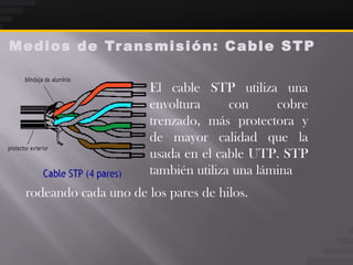 M e d i o s d e Tr a n s m i s i ó n : C a b l e S T P


                        El cable STP utiliza una
                        envoltura      con     cobre
                        trenzado, más protectora y
                        de mayor calidad que la
                        usada en el cable UTP. STP
                        también utiliza una lámina
  rodeando cada uno de los pares de hilos.
 