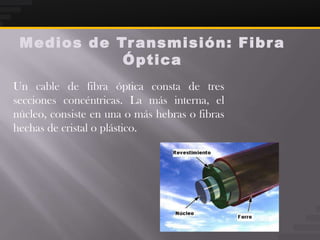 Medios de Tr ansmisión: Fibr a
            Óptica
Un cable de fibra óptica consta de tres
secciones concéntricas. La más interna, el
núcleo, consiste en una o más hebras o fibras
hechas de cristal o plástico.
 