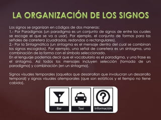 Los signos se organizan en códigos de dos maneras:
1.- Por Paradigmas (un paradigma es un conjunto de signos de entre los cuales
se escoge el que se va a usar). Por ejemplo, el conjunto de formas para las
señales de carretera (cuadradas, redondas o rectangulares).
2.- Por la Sintagmática (un sintagma es el mensaje dentro del cual se combinan
los signos escogidos). Por ejemplo, una señal de carretera es un sintagma, una
combinación de la forma con el símbolo seleccionado.
En el lenguaje podemos decir que el vocabulario es el paradigma, y una frase es
el sintagma. Así todos los mensajes incluyen selección (tomada de un
paradigma) y combinación (en un sintagma).
Signos visuales temporales (aquellos que desarrollan que involucran un desarrollo
temporal) y signos visuales atemporales (que son estáticos y el tiempo no tiene
cabida).
 