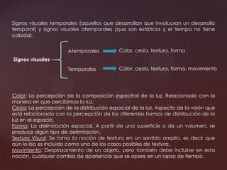 Signos visuales temporales (aquellos que desarrollan que involucran un desarrollo
temporal) y signos visuales atemporales (que son estáticos y el tiempo no tiene
cabida).
Signos visuales
Color: La percepción de la composición espectral de la luz. Relacionado con la
manera en que percibimos la luz.
Cesía: La percepción de la distribución espacial de la luz. Aspecto de la visión que
está relacionado con la percepción de las diferentes formas de distribución de la
luz en el espacio.
Forma: La delimitación espacial. A partir de una superficie o de un volumen, se
produce algún tipo de delimitación.
Textura Visual: Se toma la noción de textura en un sentido amplio, es decir que
aún lo liso es incluido como uno de los casos posibles de textura.
Movimiento: Desplazamiento de un objeto, pero también debe incluirse en esta
noción, cualquier cambio de apariencia que se opere en un lapso de tiempo.
Atemporales
Temporales
Color, cesía, textura, forma
Color, cesía, textura, forma, movimiento
 