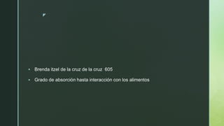 z
 Brenda itzel de la cruz de la cruz 605
 Grado de absorción hasta interacción con los alimentos
 