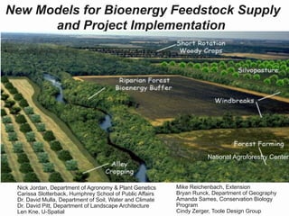 New Models for Bioenergy Feedstock Supply
and Project Implementation
Nick Jordan
Plant Genetics Department
University of Minnesota-Twin Cities
National Agroforestry Center
Nick Jordan, Department of Agronomy & Plant Genetics
Carissa Slotterback, Humphrey School of Public Affairs
Dr. David Mulla, Department of Soil, Water and Climate
Dr. David Pitt, Department of Landscape Architecture
Len Kne, U-Spatial
Mike Reichenbach, Extension
Bryan Runck, Department of Geography
Amanda Sames, Conservation Biology
Program
Cindy Zerger, Toole Design Group
 