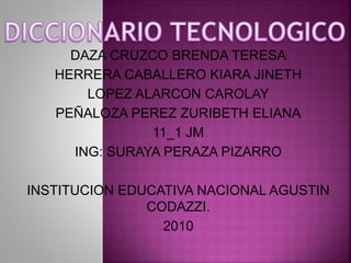 DAZA CRUZCO BRENDA TERESA
HERRERA CABALLERO KIARA JINETH
LOPEZ ALARCON CAROLAY
PEÑALOZA PEREZ ZURIBETH ELIANA
11_1 JM
ING:...