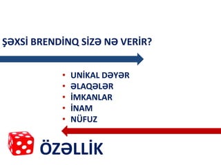 • UNİKAL DƏYƏR
• ƏLAQƏLƏR
• İMKANLAR
• İNAM
• NÜFUZ
ŞƏXSİ BRENDİNQ SİZƏ NƏ VERİR?
ÖZƏLLİK
 