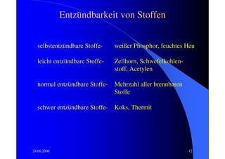 Entzündbarkeit von Stoffen


  selbstentzündbare Stoffe-    weißer Phosphor, feuchtes Heu

  leicht entzündbare Stoffe-   Zellhorn, Schwefelkohlen-
                               stoff, Acetylen

  normal entzündbare Stoffe-   Mehrzahl aller brennbaren
                               Stoffe

  schwer entzündbare Stoffe-   Koks, Thermit




24.06.2006                                                 12
 