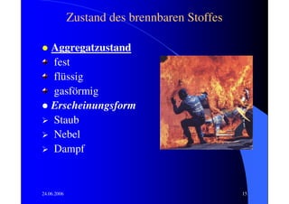 Zustand des brennbaren Stoffes

    Aggregatzustand
    fest
    flüssig
    gasförmig
    Erscheinungsform
    Staub
    Nebel
    Dampf


24.06.2006                                    15
 