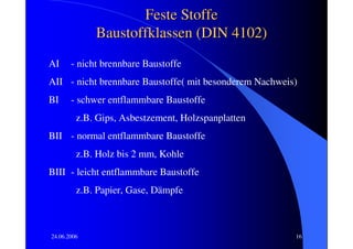 Feste Stoffe
             Baustoffklassen (DIN 4102)
AI     - nicht brennbare Baustoffe
AII - nicht brennbare Baustoffe( mit besonderem Nachweis)
BI     - schwer entflammbare Baustoffe
         z.B. Gips, Asbestzement, Holzspanplatten
BII - normal entflammbare Baustoffe
         z.B. Holz bis 2 mm, Kohle
BIII - leicht entflammbare Baustoffe
         z.B. Papier, Gase, Dämpfe



24.06.2006                                              16
 