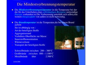 Die Mindestverbrennungstemperatur
 Die Mindestverbrennungstemperatur ist die Temperatur bei der
 die für das Unterhalten eines selbständigen Brennens notwendige
 Energie vorhanden ist.Die Verbrennung unterhält sich selbst,eine
 weitere Enegiezufuhr von außen ist nicht notwendig.

 Die Brandtemperatur ist die Temperatur,die bei einem Brand
 auftritt
 Sie ist abhängig von :
 Art der beteiligten Stoffe
 Aggregatzustand
 Verhältnis Oberfläche zur Masse
 Sauerstoffkonzentration
 Wärmeverluste
 Transport der beteiligten Stoffe

 Schwellbrände zwischen 200 – 300°C
 Großbrände zwischen 800 – 1.100°C
 Metallbrände    über        2.500°C

24.06.2006                                                      23
 