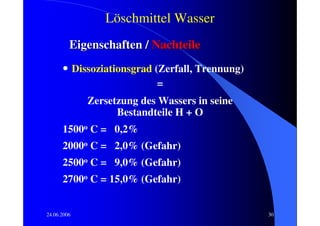 Löschmittel Wasser
         Eigenschaften / Nachteile
      • Dissoziationsgrad (Zerfall, Trennung)
                           =
             Zersetzung des Wassers in seine
                   Bestandteile H + O
      1500o C = 0,2%
      2000o C = 2,0% (Gefahr)
      2500o C = 9,0% (Gefahr)
      2700o C = 15,0% (Gefahr)


24.06.2006                                      30
 