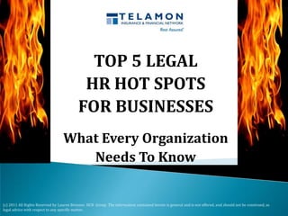 (c) 2011 All Rights Reserved by Lauren Brenner, HCR  Group  The information contained herein is general and is not offered, and should not be construed, as legal advice with respect to any specific matter.  TOP 5 LEGAL  HR HOT SPOTS  FOR BUSINESSES  What Every Organization  Needs To Know 