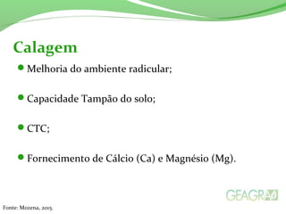 Melhoria do ambiente radicular;
Capacidade Tampão do solo;
CTC;
Fornecimento de Cálcio (Ca) e Magnésio (Mg).
Calagem
Fonte: Mozena, 2015.
 