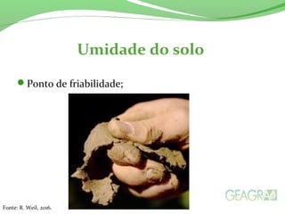 Umidade do solo
Ponto de friabilidade;
Fonte: R. Weil, 2016.
 
