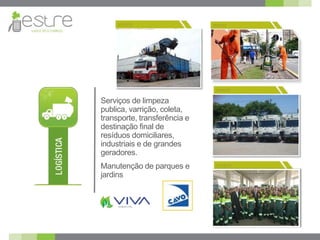 Serviços de limpeza
publica, varrição, coleta,
transporte, transferência e
destinação final de
resíduos domiciliares,
industriais e de grandes
geradores.
Manutenção de parques e
jardins
 