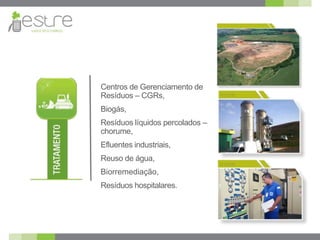 Centros de Gerenciamento de
Resíduos – CGRs,
Biogás,
Resíduos líquidos percolados –
chorume,
Efluentes industriais,
Reuso de água,
Biorremediação,
Resíduos hospitalares.
 