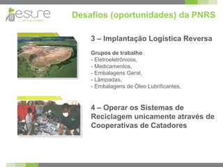 Desafios (oportunidades) da PNRS

    3 – Implantação Logística Reversa
    Grupos de trabalho
    - Eletroeletrônicos,
    - Medicamentos,
    - Embalagens Geral,
    - Lâmpadas,
    - Embalagens de Óleo Lubrificantes,


    4 – Operar os Sistemas de
    Reciclagem unicamente através de
    Cooperativas de Catadores
 