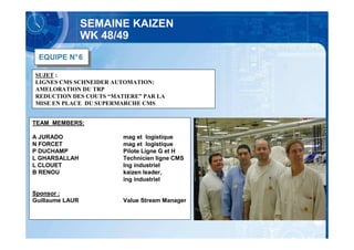 SEMAINE KAIZEN
                 WK 48/49
 EQUIPE N°6
 EQUIPE N°6
SUJET :
LIGNES CMS SCHNEIDER AUTOMATION:
AMELORATION DU TRP
REDUCTION DES COUTS “MATIERE” PAR LA
MISE EN PLACE DU SUPERMARCHE CMS


TEAM MEMBERS:

A JURADO                mag et logistique
N FORCET                mag et logistique
P DUCHAMP               Pilote Ligne G et H
L GHARSALLAH            Technicien ligne CMS
L CLOUET                Ing industriel
B RENOU                 kaizen leader,
                        ing industriel

Sponsor :
Guillaume LAUR          Value Stream Manager
 