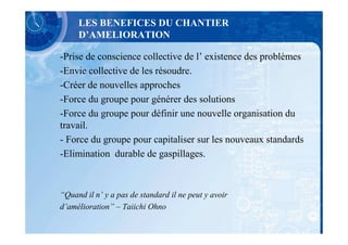 LES BENEFICES DU CHANTIER
     D’AMELIORATION

-Prise de conscience collective de l’ existence des problèmes
-Envie collective de les résoudre.
-Créer de nouvelles approches
-Force du groupe pour générer des solutions
-Force du groupe pour définir une nouvelle organisation du
travail.
- Force du groupe pour capitaliser sur les nouveaux standards
-Elimination durable de gaspillages.



“Quand il n’ y a pas de standard il ne peut y avoir
d’amélioration” – Taiichi Ohno
 