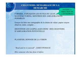 CHANTIERS: DEMARRAGE DE LA
                    DEMARCHE
                                                                  INITIER LA
                                                                DIRECTION DE
•   F ORMER , EXPLIQUER LES OUTILS DU LEAN                      L’ENTREPRISE
    MANUFACTURING, MONTRER DES AMELIORATIONS
    POSSIBLES

•   Essayer de faire une cartographie de la chaine de valeur: papier crayon:
    observer, noter, compter…

•   IDENTIFIER LES GASPILLAGES DONC DES CHANTIERS
    D’AMELIORATION POTENTIELLE



•   PLANIFIER, DONNER DE LA VISION



•   “Read and try it yourself”. JAMES WOMACK

•   Hire someone who has done it before.
 