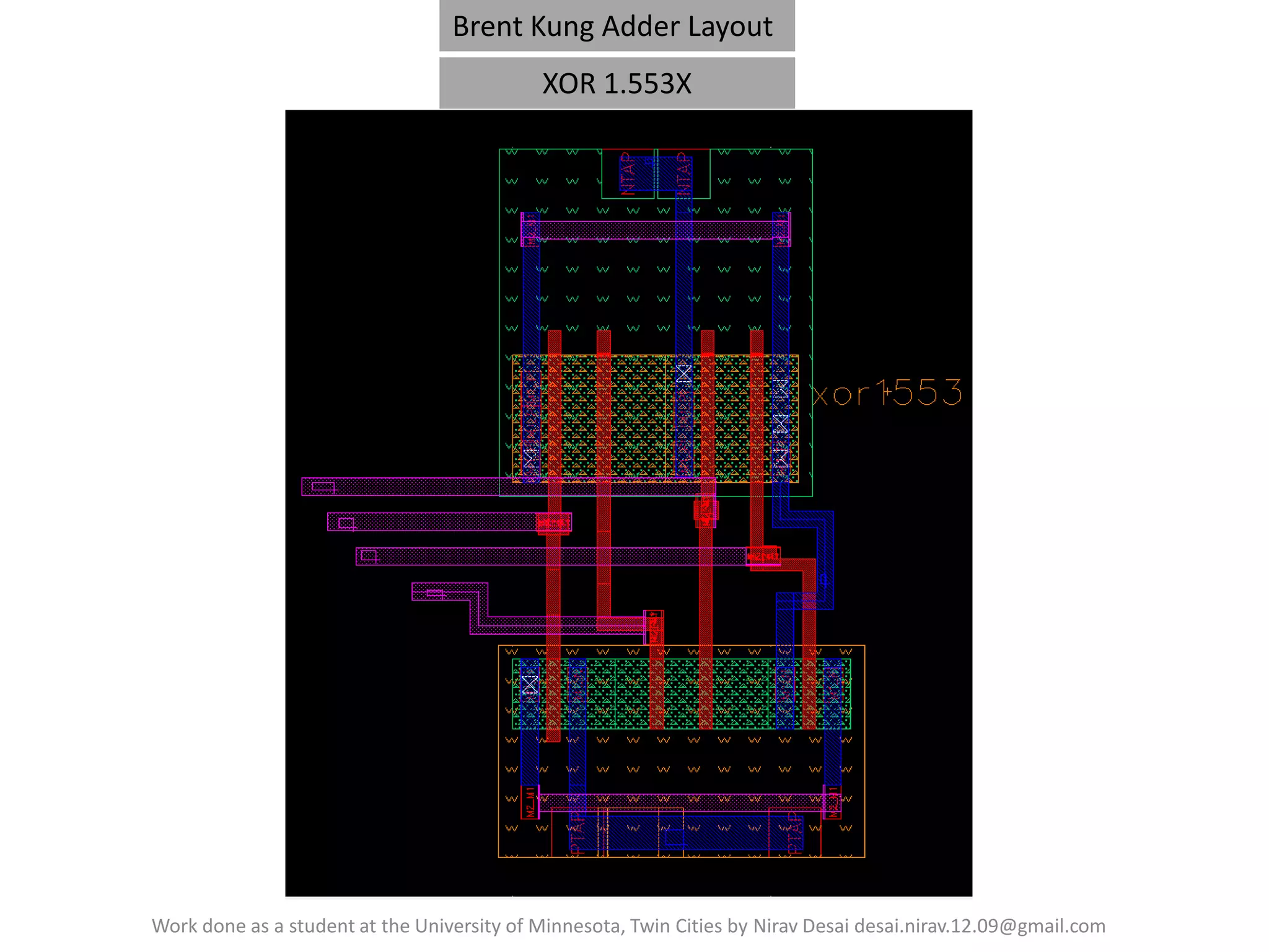 Brent Kung Adder Layout
XOR 1.553X

Work done as a student at the University of Minnesota, Twin Cities by Nirav Desai desai.nirav.12.09@gmail.com

 