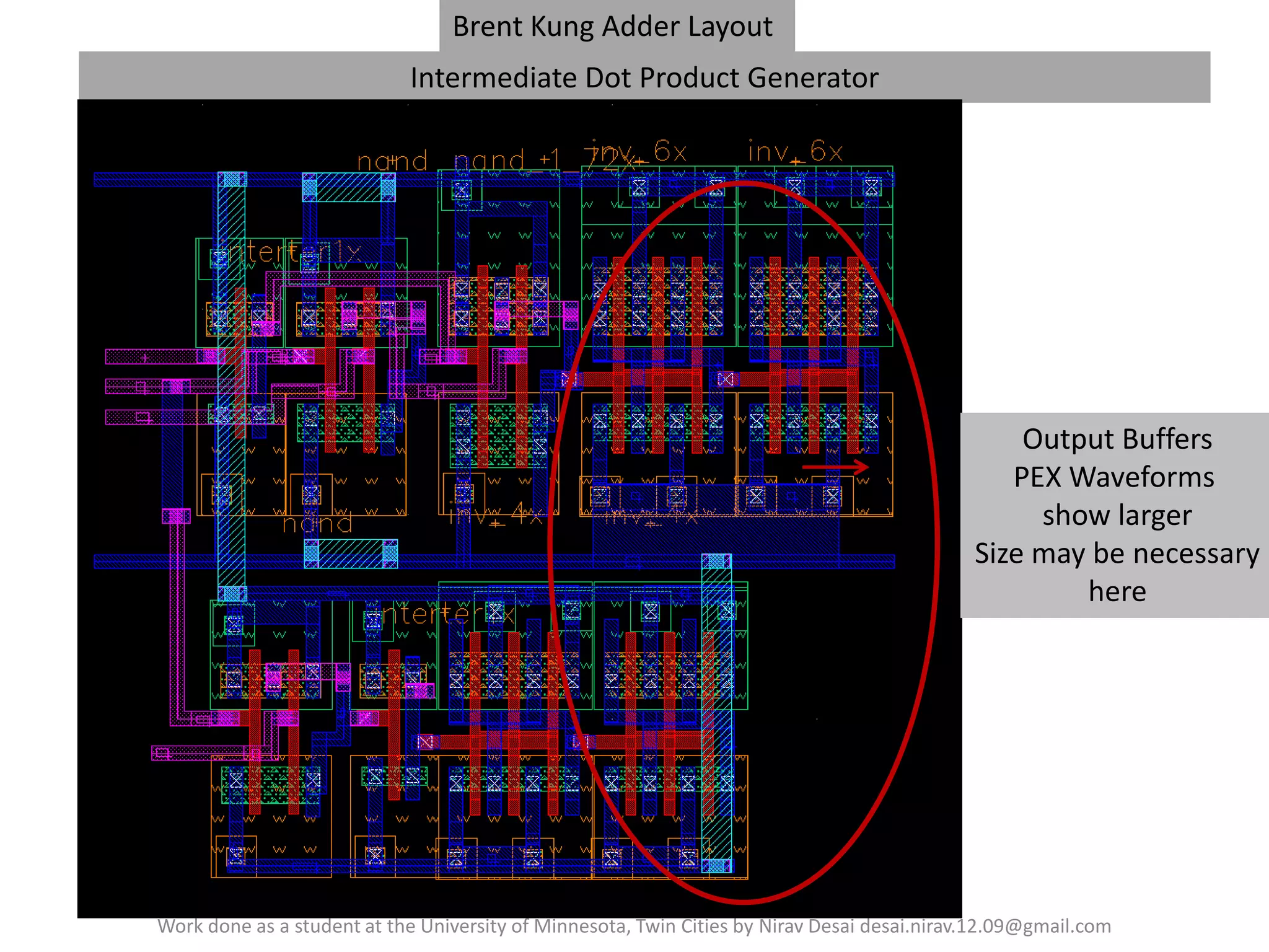 Brent Kung Adder Layout
Intermediate Dot Product Generator

Output Buffers
PEX Waveforms
show larger
Size may be necessary
here

Work done as a student at the University of Minnesota, Twin Cities by Nirav Desai desai.nirav.12.09@gmail.com

 