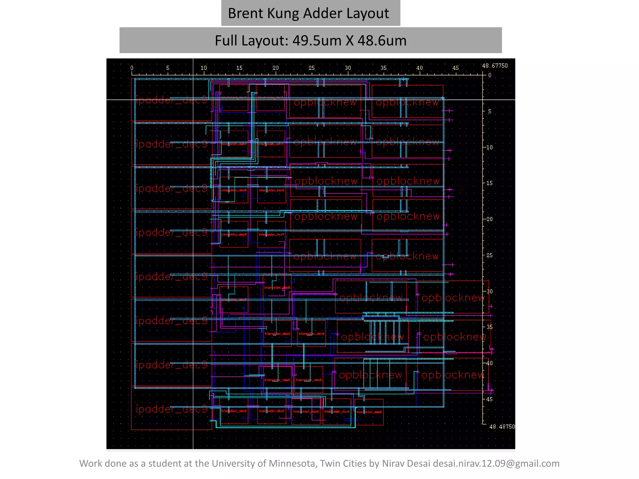 Brent Kung Adder Layout
Full Layout: 49.5um X 48.6um

Work done as a student at the University of Minnesota, Twin Cities by Nirav Desai desai.nirav.12.09@gmail.com

 
