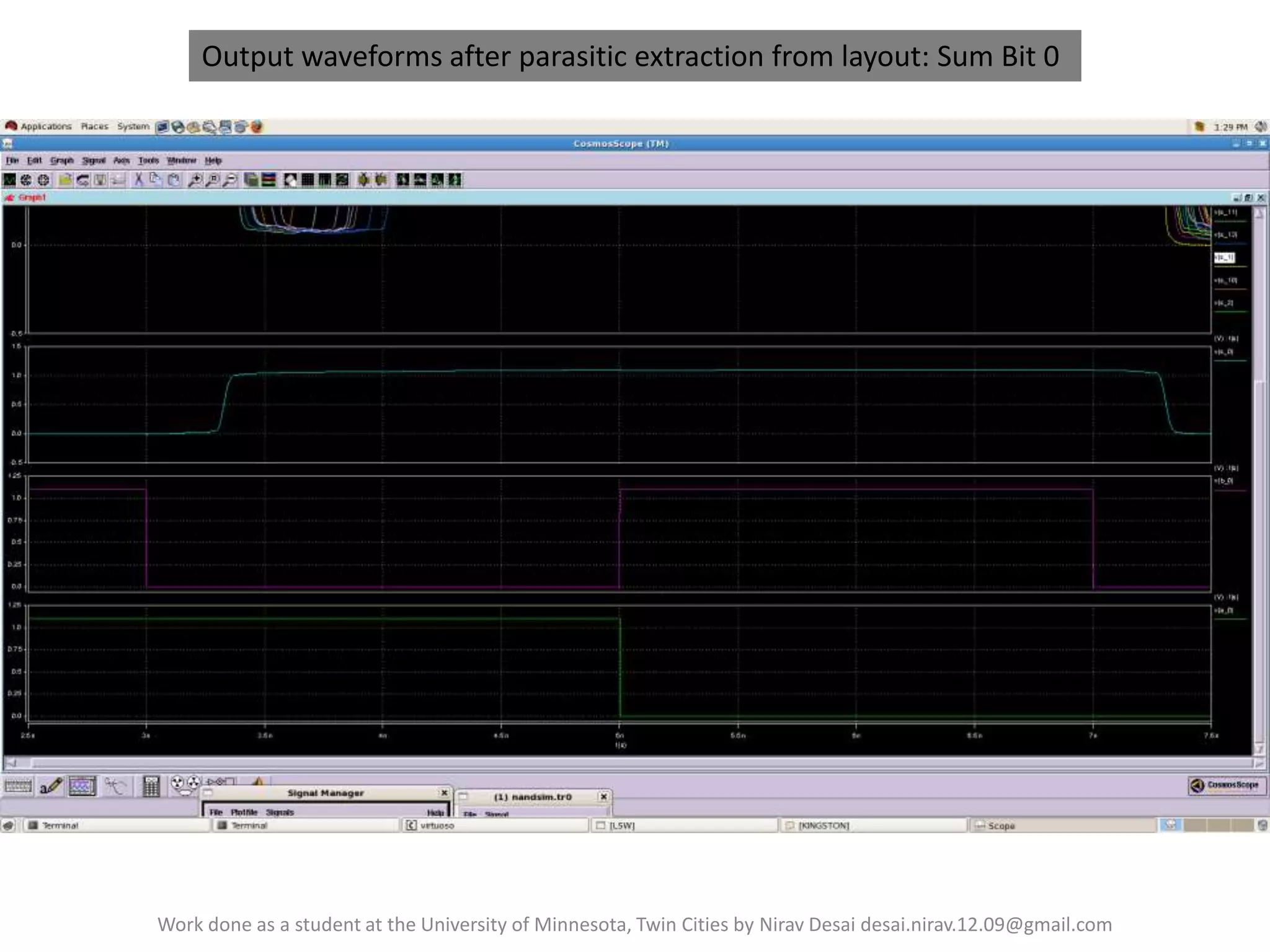 Output waveforms after parasitic extraction from layout: Sum Bit 0

Work done as a student at the University of Minnesota, Twin Cities by Nirav Desai desai.nirav.12.09@gmail.com

 