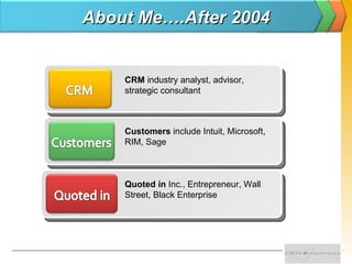 About Me….After 2004 CRM  industry analyst, advisor, strategic consultant Customers  include Intuit, Microsoft, RIM, Sage ...