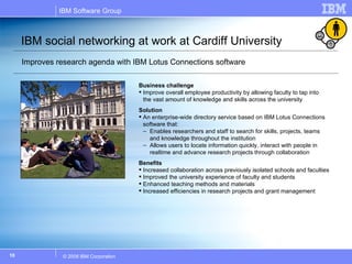 IBM social networking at work at Cardiff University   Improves research agenda with IBM Lotus Connections software <ul><li...