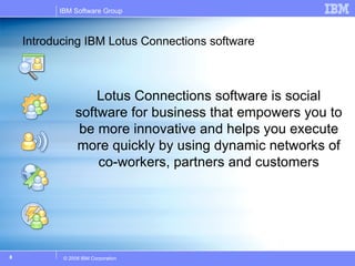 Introducing IBM Lotus Connections software <ul><li>Lotus Connections software is social software for business that empower...