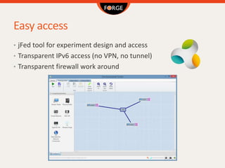 Easy access
• jFed tool for experiment design and access
• Transparent IPv6 access (no VPN, no tunnel)
• Transparent firew...