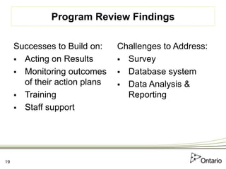 Program Review Findings
Successes to Build on:
 Acting on Results
 Monitoring outcomes
of their action plans
 Training
...