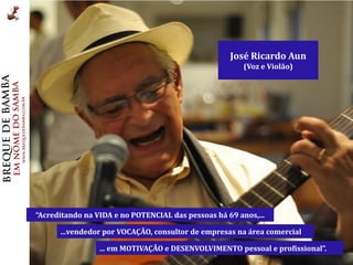 José Ricardo Aun
                                                        (Voz e Violão)




“Acreditando na VIDA e no POTENCIAL das pessoas há 69 anos,...

      ...vendedor por VOCAÇÃO, consultor de empresas na área comercial

                 ... em MOTIVAÇÃO e DESENVOLVIMENTO pessoal e profissional”.
 