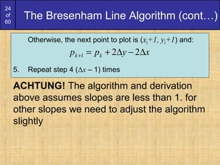 24
of
60
The Bresenham Line Algorithm (cont…)
ACHTUNG! The algorithm and derivation
above assumes slopes are less than 1. for
other slopes we need to adjust the algorithm
slightly
Otherwise, the next point to plot is (xk+1, yk+1) and:
5. Repeat step 4 (Δx – 1) times
xypp kk ∆−∆+=+ 221
 