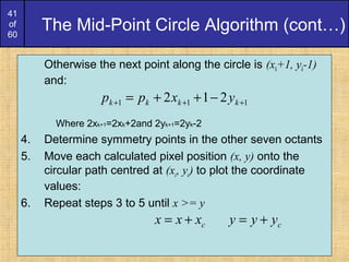 41
of
60
The Mid-Point Circle Algorithm (cont…)
Otherwise the next point along the circle is (xk+1, yk-1)
and:
Where 2xk+1=2xk+2and 2yk+1=2yk-2
4. Determine symmetry points in the other seven octants
5. Move each calculated pixel position (x, y) onto the
circular path centred at (xc, yc) to plot the coordinate
values:
6. Repeat steps 3 to 5 until x >= y
111 212 +++ −++= kkkk yxpp
cxxx += cyyy +=
 