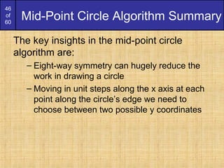 46
of
60
Mid-Point Circle Algorithm Summary
The key insights in the mid-point circle
algorithm are:
– Eight-way symmetry can hugely reduce the
work in drawing a circle
– Moving in unit steps along the x axis at each
point along the circle’s edge we need to
choose between two possible y coordinates
 