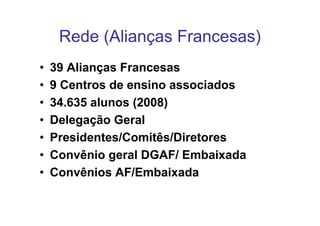 Rede (Alianças Francesas)
•   39 Alianças Francesas
•   9 Centros de ensino associados
•   34.635 alunos (2008)
•   Delegação Geral
•   Presidentes/Comitês/Diretores
•   Convênio geral DGAF/ Embaixada
•   Convênios AF/Embaixada
 